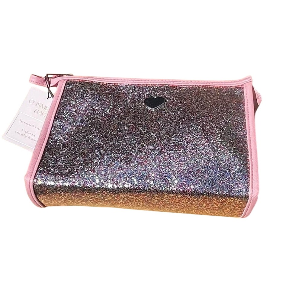 Belle Maison Coated Glitter Pink Cosmetic Bag w/Heart